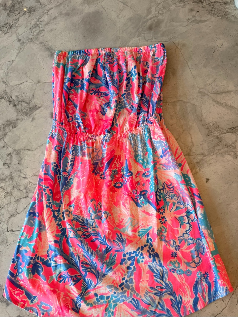 Lilly Pulitzer Bright Floral Strapless Summer Dress - Pink & Blue